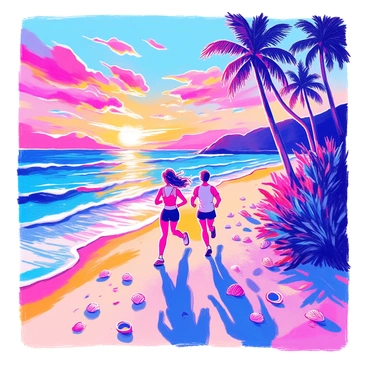 A couple is jogging along a beach, their figures appearing as silhouettes against the backdrop of a vibrant sunset. The sky is filled with rich hues of orange, pink, and purple, reflecting on the calm sea. The couple is depicted in athletic attire, their hair flowing in the breeze as they run side by side. The sandy beach is scattered with seashells, and gentle waves lap at the shore. In the distance, palm trees sway gently, adding to the tropical atmosphere of the scene.