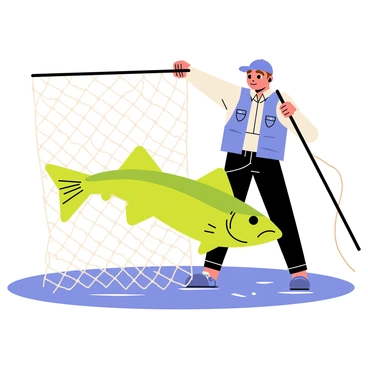 A pike fish with sharp teeth and vibrant green scales is caught in a large fishing net. The net is tangled and has droplets of water clinging to it. In the background, an eager fisherman wearing a blue fishing vest and a cap is reaching toward the net. The fisherman has a determined expression on his face, with a fishing rod slung over his shoulder. The scene is filled with details such as ripples in the water and a clear sky above.