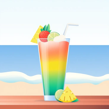 A tall, clear glass filled with a vibrant, colorful tropical drink is positioned on a wooden table at a beachside setting. The drink features layers of orange, yellow, and green hues, topped with a frothy white foam. Slices of various fruits, including a bright red strawberry, a yellow pineapple wedge, and a green lime, are elegantly arranged on the rim of the glass. In the background, gentle ocean waves can be seen lapping against the shore, and a clear blue sky stretches overhead, adding to the refreshing atmosphere. A small white straw is inserted into the drink, completing the inviting presentation.