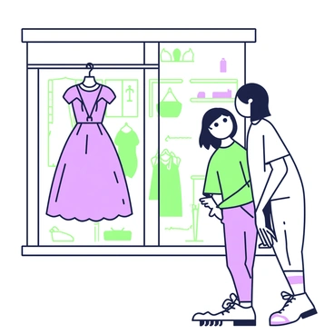A girl is standing in front of a shop window, gazing intently at a stylish dress displayed inside. She has shoulder-length hair and is wearing a casual outfit consisting of a t-shirt and jeans. The dress in the window is elegant, featuring a flowing silhouette and intricate details. The shop's interior is subtly visible behind the glass, with well-organized clothing racks and accessories. The girl’s reflection can be seen in the window, showing her captivated expression as she admires the dress.