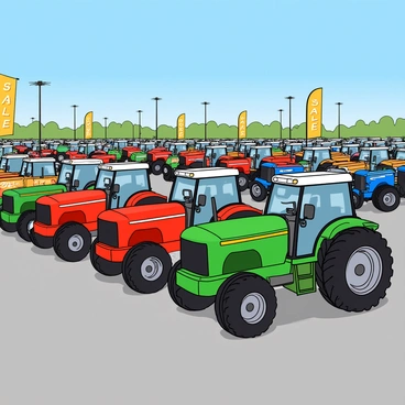 A large dealership lot filled with neatly arranged rows of shiny, brand-new tractors in vibrant colors such as red, green, and blue. Each tractor has distinct features like large tires and shiny metallic hoods, showcasing their advanced designs. The lot is well-organized, with an array of tractors parked side by side, creating a visually appealing pattern. Bright banners flutter in the wind, displaying the words "SALE" in bold letters. The background features a clear blue sky, enhancing the cheerful atmosphere of the dealership.