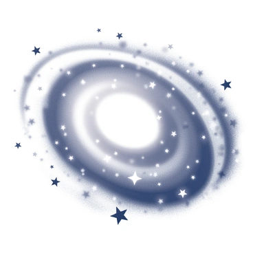 A swirling galaxy with a spiral shape, featuring numerous stars scattered throughout the composition. The galaxy has distinct arms that curve elegantly around a bright central core. The cosmic scene is filled with an array of stars, some appearing larger and more luminous, while others are smaller and more distant. The background is dotted with various celestial elements, creating a sense of depth in the vast universe.