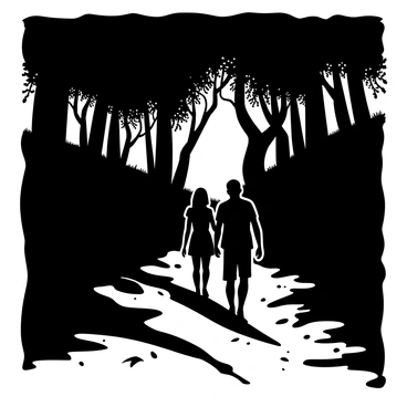 In a dark forest, two silhouetted figures are walking on a narrow, winding path. The trees surrounding them are tall and dense, their branches extending outward like twisted arms. Ominous shadows stretch across the ground, created by the faint light filtering through the thick foliage above. The figures are casually dressed, their outlines stark against the dim backdrop. The path appears uneven and littered with fallen leaves, adding to the eerie atmosphere of the scene.