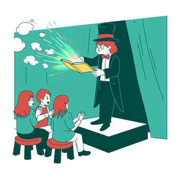 A teal Ron Weasley is dressed in a classic black magician's outfit, complete with a top hat and a red bow tie. He is standing on a small stage, holding an open yellow book of spells in one hand. With his other hand, he is casting a spell, and colorful sparks are shooting out towards his friends, who are sitting in a semi-circle, watching with wide eyes. The friends, including Hermione and Harry, are seated on wooden stools, clapping and looking amazed. The background features a curtain that is a solid teal, enhancing the magical atmosphere of the performance.