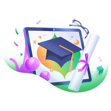 A digital illustration featuring a black graduation cap placed neatly on a sleek tablet screen. The tablet displays a colorful graduation-themed background with confetti and balloons. Surrounding the tablet are a pair of glasses and a diploma tied with a red ribbon. The scene conveys a celebratory atmosphere, emphasizing the achievement of graduation.