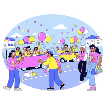 An illustrator is working on capturing the scene of a parade celebration. There are vibrant floats decorated with balloons and streamers in various colors. People are dressed in bright costumes, some wearing masks and hats, waving flags and cheering. A group of musicians is playing instruments, adding to the lively atmosphere. Colorful confetti is scattered throughout the air, and the street is lined with excited spectators holding cameras and snacks. The sky is clear, creating a cheerful backdrop for the festive event.
