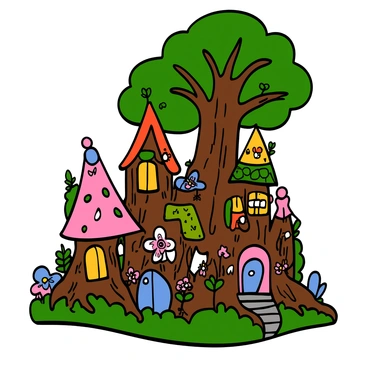 A vibrant 3D cartoon village filled with tiny fairy houses. The houses are intricately designed, nestled within the thick, gnarled roots of ancient trees. Each fairy house features colorful doors and windows, with whimsical decorations adorning their exteriors. Surrounding the village are lush green plants and flowers, adding pops of color to the scene. The ancient trees tower over the village, their bark textured and twisted, creating a magical atmosphere. Soft beams of light filter through the tree canopy, illuminating the fairy houses and casting playful shadows on the ground.