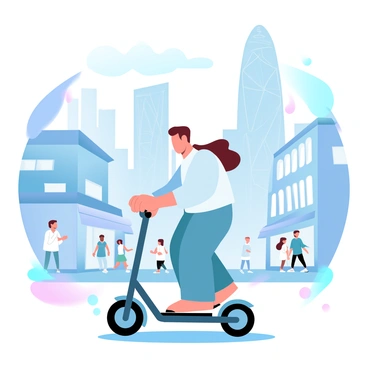 A person riding a folding scooter through a bustling city street with skyscrapers