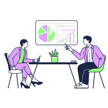 A financial advisor is seated at a modern conference table with a client across from them. The advisor is pointing towards a large interactive screen displaying various charts. The screen features a pie chart and a line graph representing different investment risks. The advisor, a middle-aged person wearing a tailored suit, is holding a pen and making notes on a notepad while engaging in conversation. The client, a young adult dressed in business casual attire, looks attentive and is leaning forward, showing interest in the information being presented. A small plant is positioned on the table, adding a touch of greenery to the professional setting.