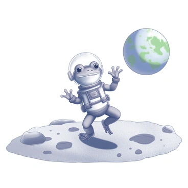 A small frog wearing a tiny space suit is positioned on the surface of the moon. The space suit is fitted snugly on its body, complete with a helmet that features a clear visor. The landscape around the frog consists of lunar regolith, with craters and gray rocks scattered throughout. In the background, Earth is prominently visible, appearing as a vibrant blue and green sphere against the vastness of space. The scene captures the frog curiously looking around, with one of its webbed feet slightly lifted as if ready to hop.