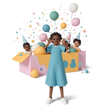 A surprise party scene where Nami opens a giant illustrated box filled with balloons and confetti.