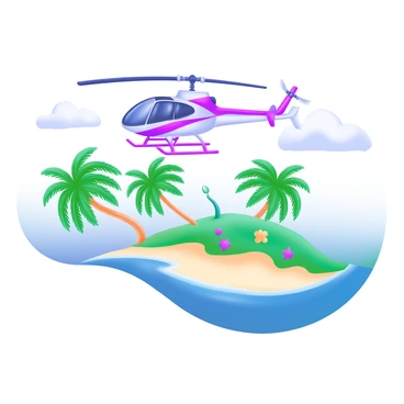 An R66 helicopter is flying above a lush tropical island. The helicopter is painted in vibrant colors, featuring a sleek design. Below, a variety of palm trees with green fronds sway gently in the breeze, creating a canopy of lush foliage. The island's sandy beaches are visible, with waves gently lapping at the shore. Brightly colored flowers can be seen among the greenery, adding splashes of color to the scene. The sky is clear with a few fluffy clouds scattered across, providing a beautiful backdrop to this vibrant tropical landscape.