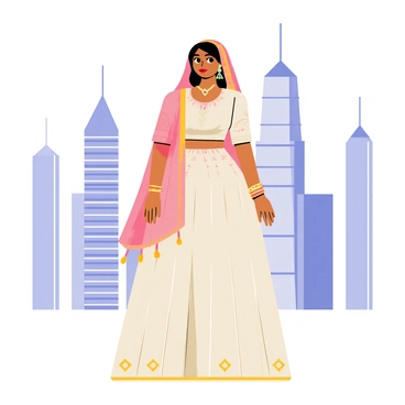 A bride wearing a contemporary lehenga, featuring intricate embroidery and vibrant colors, stands elegantly in the foreground. The lehenga has a flowing skirt adorned with delicate patterns and a matching blouse. She wears a traditional dupatta draped over her head and shoulders, adding to her graceful appearance. In the background, tall skyscrapers rise against the sky, showcasing a mix of glass and steel architecture. The scene captures a blend of traditional attire and modern urban life.