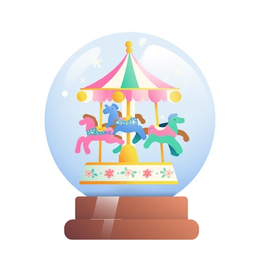A detailed miniature carousel is inside a glass snow globe. The carousel features brightly painted horses in shades of blue, pink, and gold, each adorned with intricate decorations. The base of the carousel is painted with floral designs in pastel colors. Snowflakes are gently falling within the globe, creating a whimsical atmosphere. The glass dome has a polished wooden base, and the overall scene is illuminated by a soft glow, highlighting the vibrant colors of the carousel.