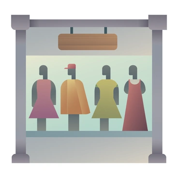 A vintage storefront with a large window display showcasing mannequins dressed in 1960s fashion, featuring a variety of colorful dresses, accessories, and shoes. The storefront has a classic design with ornate details, and a wooden sign hanging above the entrance displaying the shop's name.