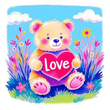 A cuddly bear with soft, fluffy fur is sitting down. The bear has round ears and a smiling face. It is holding a bright red heart-shaped sign that says "Love" in bold white letters. Surrounding the bear, there are colorful flowers and green grass, enhancing the cheerful atmosphere. The background features a blue sky with fluffy white clouds.
