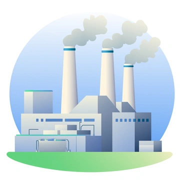 A large power plant with multiple towering chimneys is set against a backdrop of a bright blue sky. Each chimney is releasing thick plumes of gray smoke that rise high into the atmosphere. The plant's exterior is made of large concrete structures, with various pipes and machinery visible around the facility. In the foreground, there is a green grassy field that contrasts with the industrial architecture. The scene captures the scale of the power plant, emphasizing the height of the chimneys as they dominate the skyline.