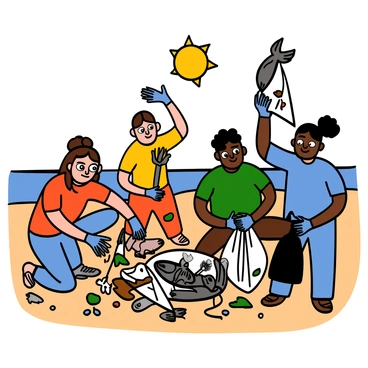 A group of diverse volunteers is picking up trash on a sandy beach. They are wearing colorful t-shirts and gloves, showing their commitment to keeping the environment clean. Some volunteers are using trash grabbers while others are holding bags filled with collected debris. In the foreground, a light-skinned woman with big eyes and brown hair is crouching down, looking surprised as she discovers a dead fish among the litter. Behind her, a dark-skinned man with big eyes and short hair is holding up a piece of trash with a concerned expression. The sun is shining brightly, and the ocean waves can be seen in the background, adding to the beach atmosphere.