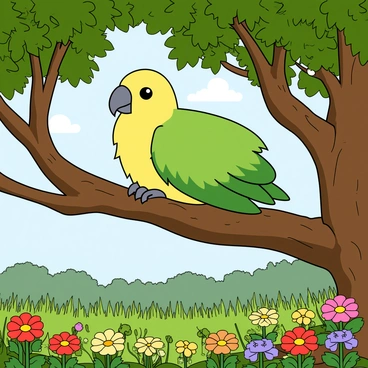 A kakapo, a large, flightless parrot with green and yellow feathers, is perched on a thick branch of a tree. The kakapo has bright, round eyes and a slightly curved beak, adding to its distinctive appearance. The branch is surrounded by a dense canopy of leaves, showcasing various shades of green. Below the branch, the forest floor is covered in lush grass and an array of vibrant flowers in colors like red, yellow, and purple, creating a lively contrast against the greenery. Sunlight filters through the leaves, casting dappled light on the scene.