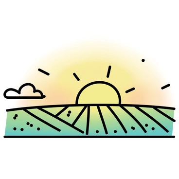A sunrise with golden light illuminating a farm field. The sun is rising on the horizon, casting soft light over rows of green crops. Each row of crops is neatly planted, creating a pattern across the field. The sky features shades of orange and yellow, blending together as the day begins. There are a few scattered clouds, reflecting the warm colors of the sunrise.