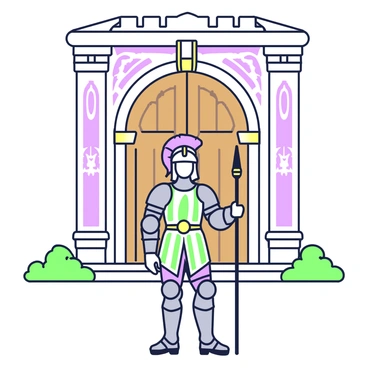 A Renaissance soldier stands at attention in front of a grand palace entrance. He is wearing intricately decorated armor that features ornate patterns and embellishments. The soldier’s helmet has a plume, and he holds a spear firmly in his right hand. The entrance to the palace is large and imposing, with tall wooden doors adorned with brass knockers. Grand stone columns flank the entrance, and there are lush green plants at the base of the columns. The architecture of the palace features archways and intricate carvings, creating an impressive backdrop for the scene.