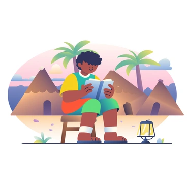 A child with dark hair and wearing a colorful shirt is sitting on a wooden stool in a rural village. The child is reading a book intently, holding it open in both hands. A small solar-powered lamp emits a warm glow, illuminating the pages of the book. Around the child, there are simple mud houses with thatched roofs, and the ground is covered in dry earth scattered with small stones. In the background, a few palm trees sway gently in the evening breeze, and the sky transitions into dusk with soft shades of purple and orange.