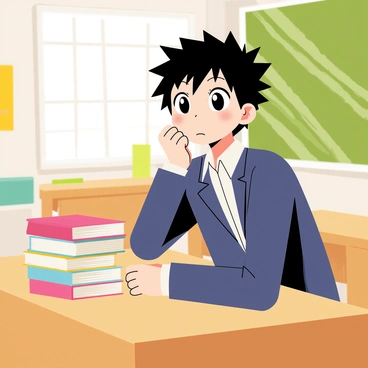 A manga-style character with large expressive eyes sitting in a classroom
