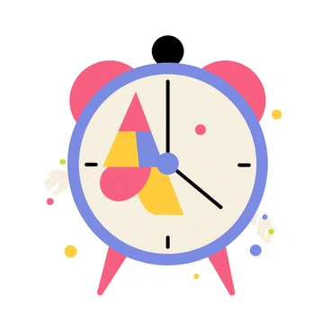 A series of colorful geometric shapes arranged to resemble an alarm clock. The clock features a large circular face made of overlapping triangles and circles in various shades of blue, red, and yellow. Two small circles at the top serve as the clock's bells. Thin rectangular shapes represent the clock's arms, one pointing to the hour and the other to the minute. The background is filled with smaller geometric shapes to enhance the abstract design.