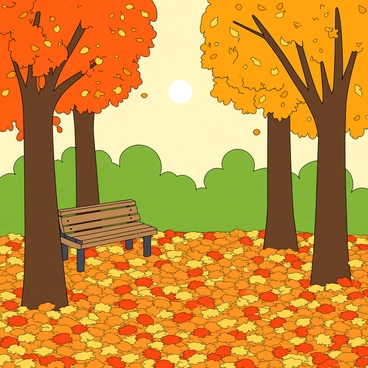 A cozy autumn scene featuring a vibrant array of falling leaves in shades of orange, yellow, and red. The ground is covered in a thick carpet of colorful leaves, with a few leaves gently drifting down from the branches above. In the background, there are several tall trees with a mix of green and autumn-colored foliage. A small wooden bench is positioned beneath the trees, inviting viewers to sit and enjoy the scenery. The sun is shining softly, casting warm light over the entire scene, adding to the inviting atmosphere. The scene is depicted as a charming illustration, capturing the essence of autumn in a seasonal book.