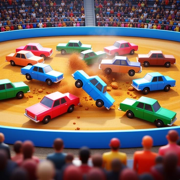 A chaotic demolition derby arena filled with multiple cars crashing into each other. The vehicles are vividly colored, with dents and scratches from previous impacts. Spectators are gathered in the stands, watching the action unfold. Some cars are in mid-collision, while others are spinning out of control. Smoke and debris are rising from the ground, adding to the intense atmosphere of the event. Bright lights illuminate the scene, highlighting the dramatic moments of the competition.