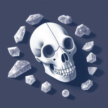 A cat skull positioned centrally on a dark surface. The skull is detailed, showcasing its teeth and eye sockets. Surrounding the skull are various crystals and gems, each distinct in shape and texture. The crystals are arranged in a circular pattern around the skull, reflecting light. The overall composition is striking, with the dark surface enhancing the shapes of the skull and the gemstones.