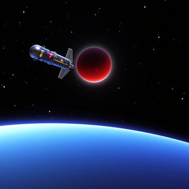 A view of a lunar eclipse from the perspective of the Apollo spacecraft, featuring the Earth partially obscured by the Moon. The Moon appears darkened in a deep red hue as it moves into the Earth's shadow. The background shows a field of stars, with the curvature of the Earth visible in the foreground. The spacecraft is detailed with various instruments and lights, positioned against the vastness of space.