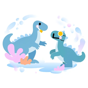 A dinosaur with a long neck is wearing a bright snorkel and is swimming through an underwater scene. The dinosaur is surrounded by vibrant coral reefs featuring various shades of color, including pink, orange, and blue. Small fish are darting around the coral, adding splashes of movement to the scene. Another dinosaur, with a spiked back, is curiously peering at the coral formations, also equipped with a snorkel. Bubbles are rising around them, creating a lively underwater atmosphere.