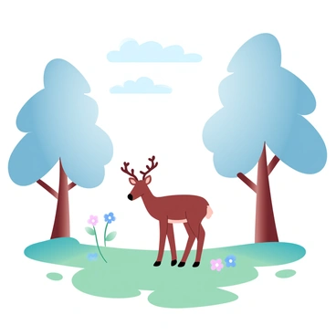 A forest clearing with tall trees surrounding it. Sunlight is filtering through the leaves, creating pockets of light on the ground. In the center of the clearing, a deer is grazing on the green grass. The deer has a sleek, brown coat and is standing gracefully, with a few wildflowers blooming nearby. The shadows of the trees are long, accentuating the serene atmosphere of the scene.