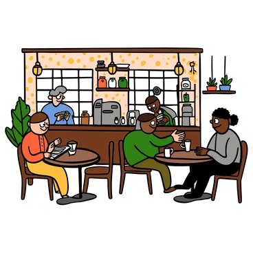 A cozy cartoon illustration of an old-fashioned cafe in Bangalore. The cafe has vintage decor, including wooden furniture, patterned wallpaper, and hanging light fixtures. There are patrons seated at small round tables, enjoying their drinks and snacks. A light-skinned woman with big eyes is reading a book at one table, while a dark-skinned man with big eyes is chatting with a friend, both laughing. In the background, a barista with short hair is preparing coffee behind a rustic counter, surrounded by shelves filled with jars and vintage items. Plants in pots are placed near the windows, adding a touch of greenery to the scene.