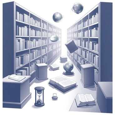 An expansive library filled with towering shelves lined with books. Some books appear to float in mid-air, gently rotating as if caught in an unseen breeze. There are various artifacts scattered throughout the library, including an ornate globe, an hourglass with swirling sands, and ancient scrolls resting on wooden tables. Intricate details can be seen on the book spines, while light emanates from an unseen source, casting intriguing shadows on the floor. The atmosphere is filled with a sense of wonder and curiosity.