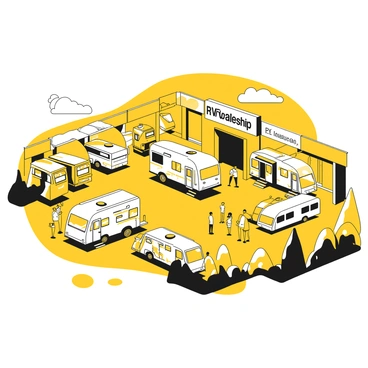 A large RV dealership with multiple spacious parking areas filled with various recreational vehicles, all gleaming in a well-lit environment. The RVs vary in size and design, showcasing features like slide-outs and awnings. Several RVs are displayed prominently with their doors open, inviting potential customers inside. A group of people can be seen examining one of the RVs closely, while others are standing by, discussing the features. The dealership's signage is visible, prominently displaying "RV Dealership" in bold letters. The sky above is clear, giving the scene a bright and welcoming atmosphere.