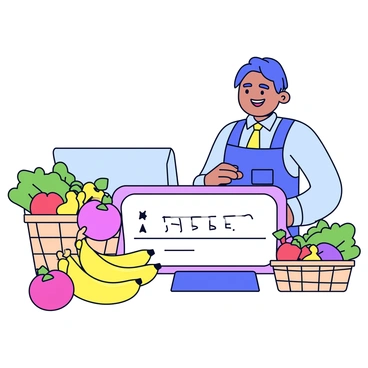 A grocery store voucher prominently displayed in the center. Surrounding the voucher are illustrations of fresh produce including bright red tomatoes, vibrant green lettuce, and yellow bananas. Next to the produce is a wicker basket filled with assorted fruits and vegetables. In the background, a smiling cashier stands behind the checkout counter, wearing a name tag and a uniform, ready to assist customers.