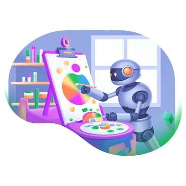 A modern pastel illustration depicting a robot painting on a canvas. The robot is humanoid in shape, with metallic arms and a colorful, expressive face. The canvas showcases a vibrant abstract painting in progress. Surrounding the robot is a cluttered studio filled with various art supplies, including paint tubes, brushes, and a palette. Shelves in the background are lined with different colors of paint, while a large window lets in soft, natural light, illuminating the scene.