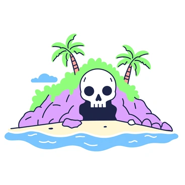 A deserted island is depicted with a rocky shore and gentle waves lapping at the sand. At the center of the scene, there is a cave entrance that is prominently shaped like a skull. The skull features hollow eye sockets and a wide-open mouth, creating a foreboding appearance. Surrounding the cave entrance, there are dense patches of green foliage and scattered rocks, adding to the rugged atmosphere. In the background, palm trees lean slightly in the breeze under a clear blue sky. The overall composition emphasizes the eerie allure of the cave, inviting curiosity about what lies within.