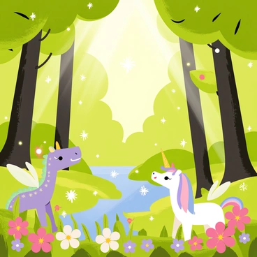 A vibrant forest filled with tall, lush green trees and a soft, dappled light filtering through the leaves. In the foreground, various mythical creatures are present, including a small dragon with shimmering scales, a unicorn with a sparkling mane, and fairies with translucent wings that emit a gentle glow. Colorful flowers bloom throughout the forest floor, adding splashes of color. The atmosphere is filled with swirling sparkles and soft beams of light. In the background, a small stream flows, reflecting the enchanting glow of the creatures around it.