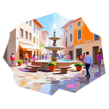 An old town square featuring cobblestone paths that meander throughout the area. In the center of the square, there is a large, ornate stone fountain with water gently cascading from its tiers. Surrounding the fountain, there are benches made of weathered wood and a few flowering plants in decorative pots. The architecture of the buildings lining the square is traditional, with charming facades and wooden shutters. People of various ages are strolling through the square, some stopping to admire the fountain while others sit on the benches enjoying the atmosphere. The scene is set on a 16x20 illustration board.