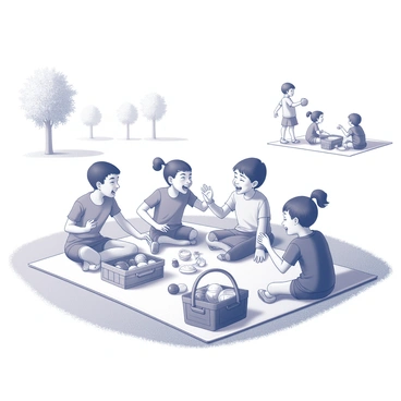 A group of children sitting on a picnic blanket spread out on the grass in a park. They are laughing and playing games, surrounded by an assortment of picnic baskets and food items like sandwiches and fruits. Some children are reaching for snacks, while others are playing with a ball or sharing stories. The children’s outfits include various casual styles with different patterns. Nearby, a few trees provide shade, and there are other families enjoying the park in the background.