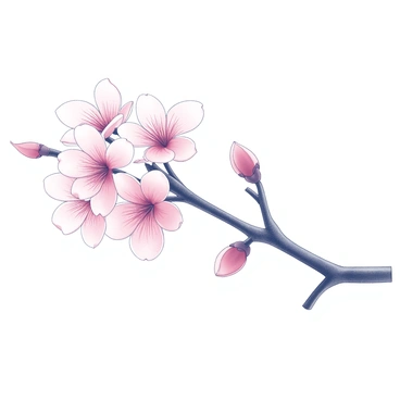 A branch of cherry blossoms is prominently displayed, adorned with delicate pink flowers in full bloom. The blossoms are clustered together, showcasing their intricate petal shapes and fine details. The branch is slender, with a dark bark texture, creating a contrast against the vibrant flowers. The background features a clear sky, providing a simple and unobtrusive setting that highlights the beauty of the cherry blossoms.