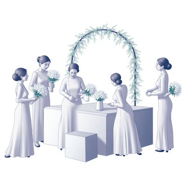 Several bridesmaids are engaged in setting up the ceremony space. They are arranging bouquets of white flowers and greenery, carefully placing them in decorative vases. One bridesmaid is hanging delicate garlands of flowers along the edges of the arch that serves as a focal point for the ceremony. Another is adjusting the table settings, which include elegant centerpieces made of flowers and fine linen. The atmosphere is filled with a sense of anticipation as they work together to create a beautiful backdrop for the wedding.