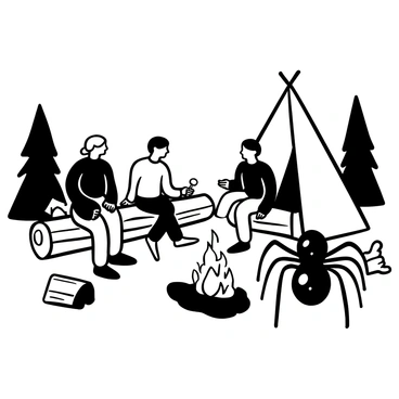 A black widow spider with a glossy body is positioned near a group of campers sitting around a campfire. The campers are seated on logs, with some roasting marshmallows on sticks. The campfire emits flickering flames, casting shadows on the surrounding area. There are pine trees in the background, and a tent is set up nearby. The scene captures the curiosity of the spider as it moves closer to the group, which is engaged in conversation and laughter.