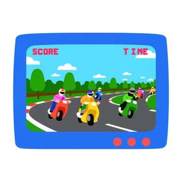 A retro-style arcade game screen displaying pixelated motorcycle graphics. The screen shows a vibrant race track with a blue sky overhead. Several pixelated motorcycles in bright colors, such as red, yellow, and green, are racing along the track. Each motorcycle features distinct designs, with riders wearing pixelated helmets. The background includes pixelated trees and buildings lining the sides of the track. The score and time display is located at the top corners of the screen, rendered in a blocky font.