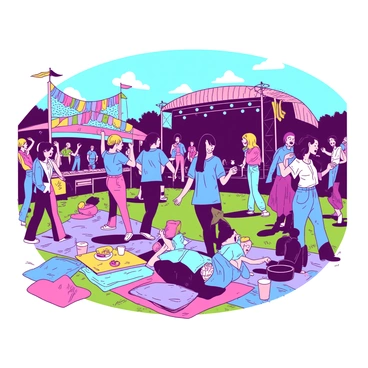 A vibrant scene at a lively music festival features a crowd of attendees wearing denim blouses and brightly colored accessories. Some people are dancing energetically, while others are sitting on colorful blankets spread across the grass. In the background, a large stage showcases performers who are singing and playing instruments. There are colorful banners and flags waving in the air, adding to the festive atmosphere. A few food stalls are visible, with attendees holding cups and plates of food. The sky above is clear and bright, enhancing the joyful ambiance of the festival.