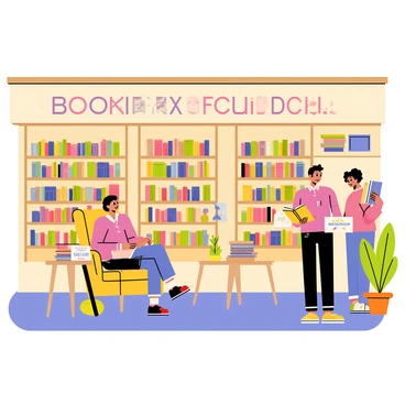 A quaint local bookstore featuring wooden shelves filled with colorful books. The lighting is warm and inviting, creating a cozy atmosphere. Several customers are engaged in browsing through the books, with one person flipping through a novel while seated in a comfortable armchair. A small table displays a stack of bestseller books with a "Featured" sign. A potted plant adds a touch of greenery near the entrance.