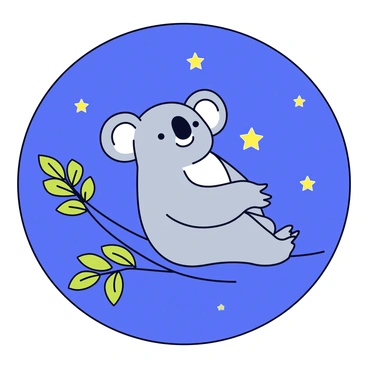 A koala sitting comfortably on a sturdy branch of a eucalyptus tree. The koala has gray fur and large, round ears. Its eyes are wide open, gazing up at a starry sky filled with bright twinkling stars. The night sky is deep blue, and the stars are scattered across it like tiny diamonds. The leaves of the eucalyptus tree are lush and green, gently swaying in a light breeze. The scene conveys a sense of tranquility as the koala enjoys the serene night.